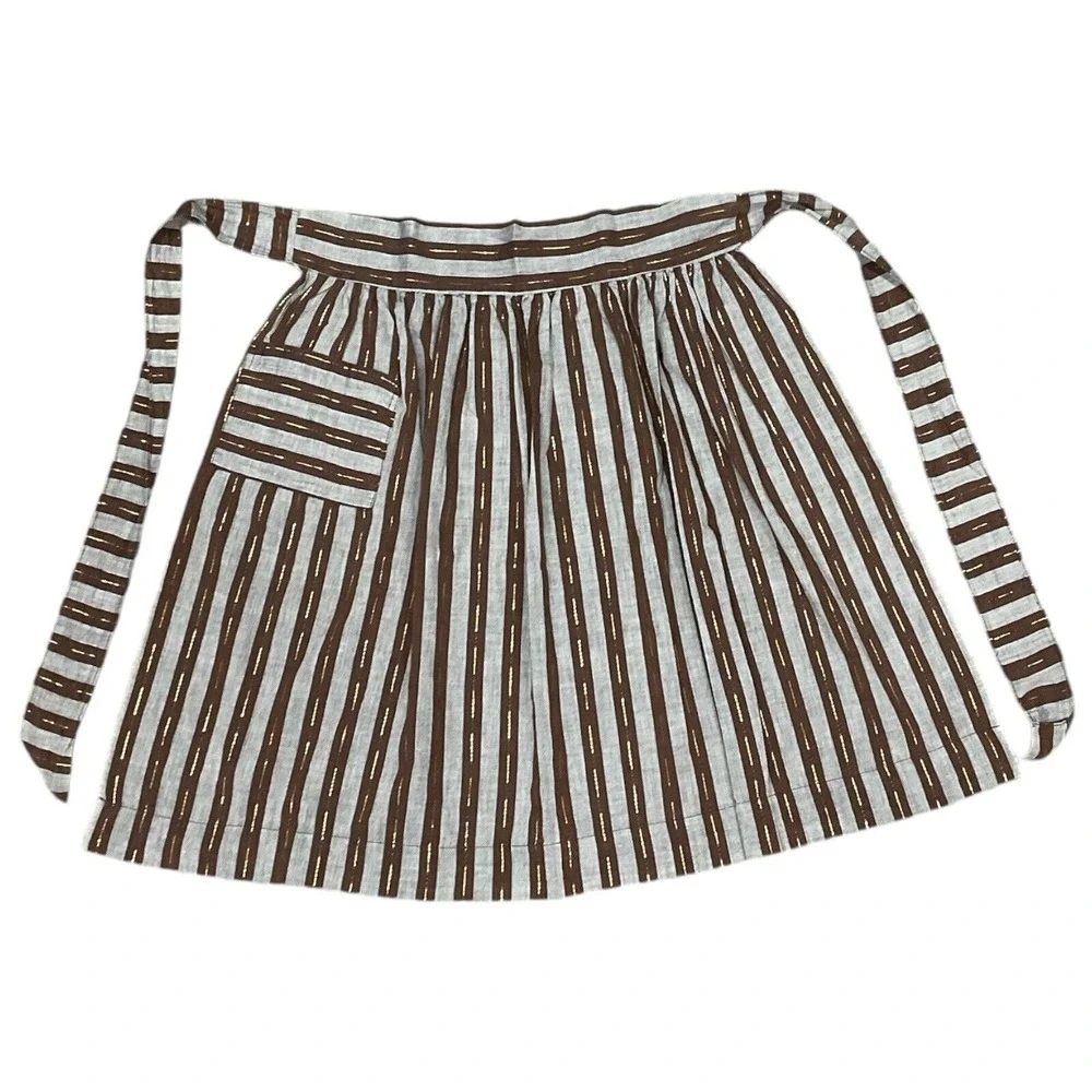 Vintage Apron Handmade Pocket Gold Metalic Brown‎ Grey Striped